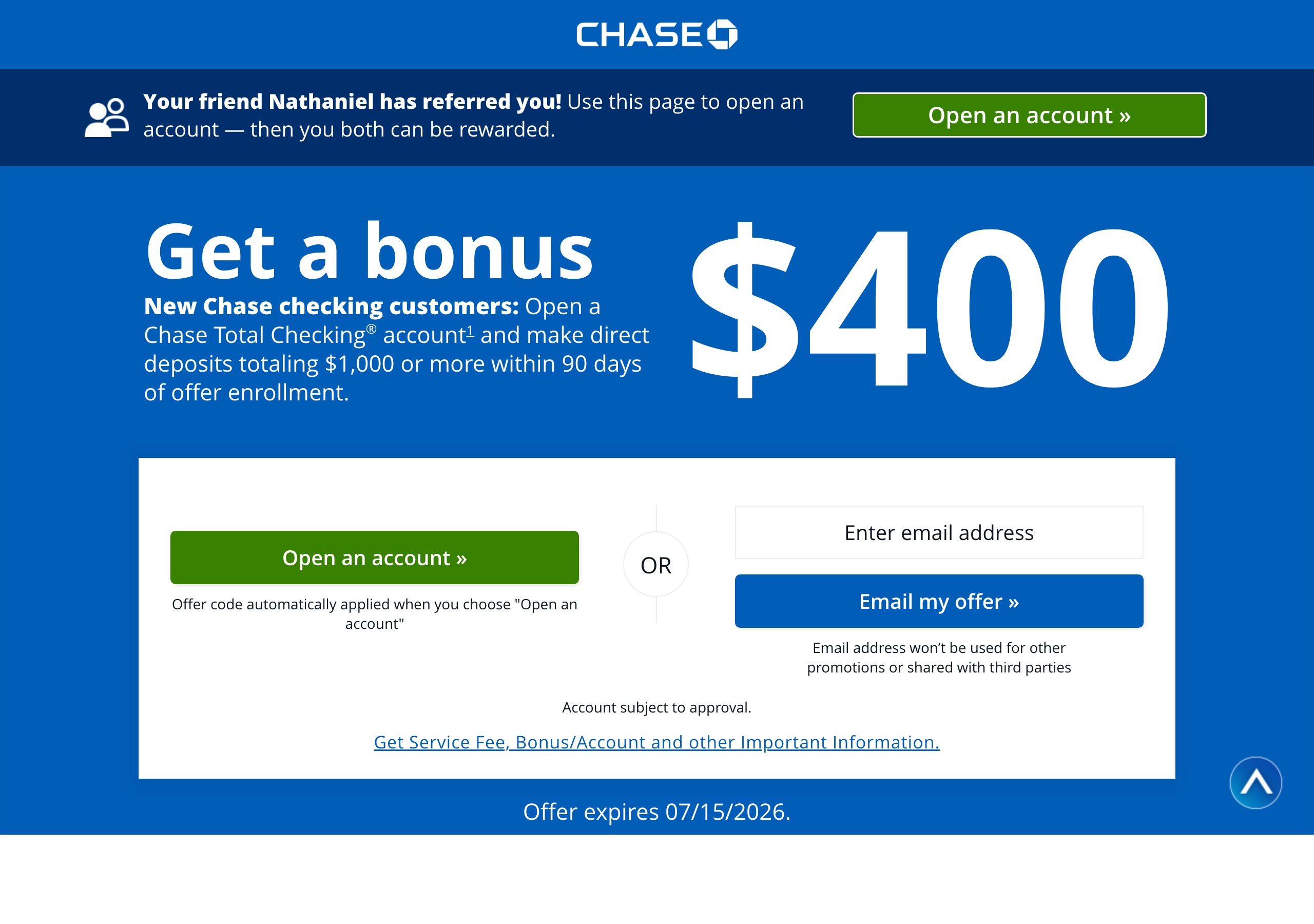 Bank promotional offer page