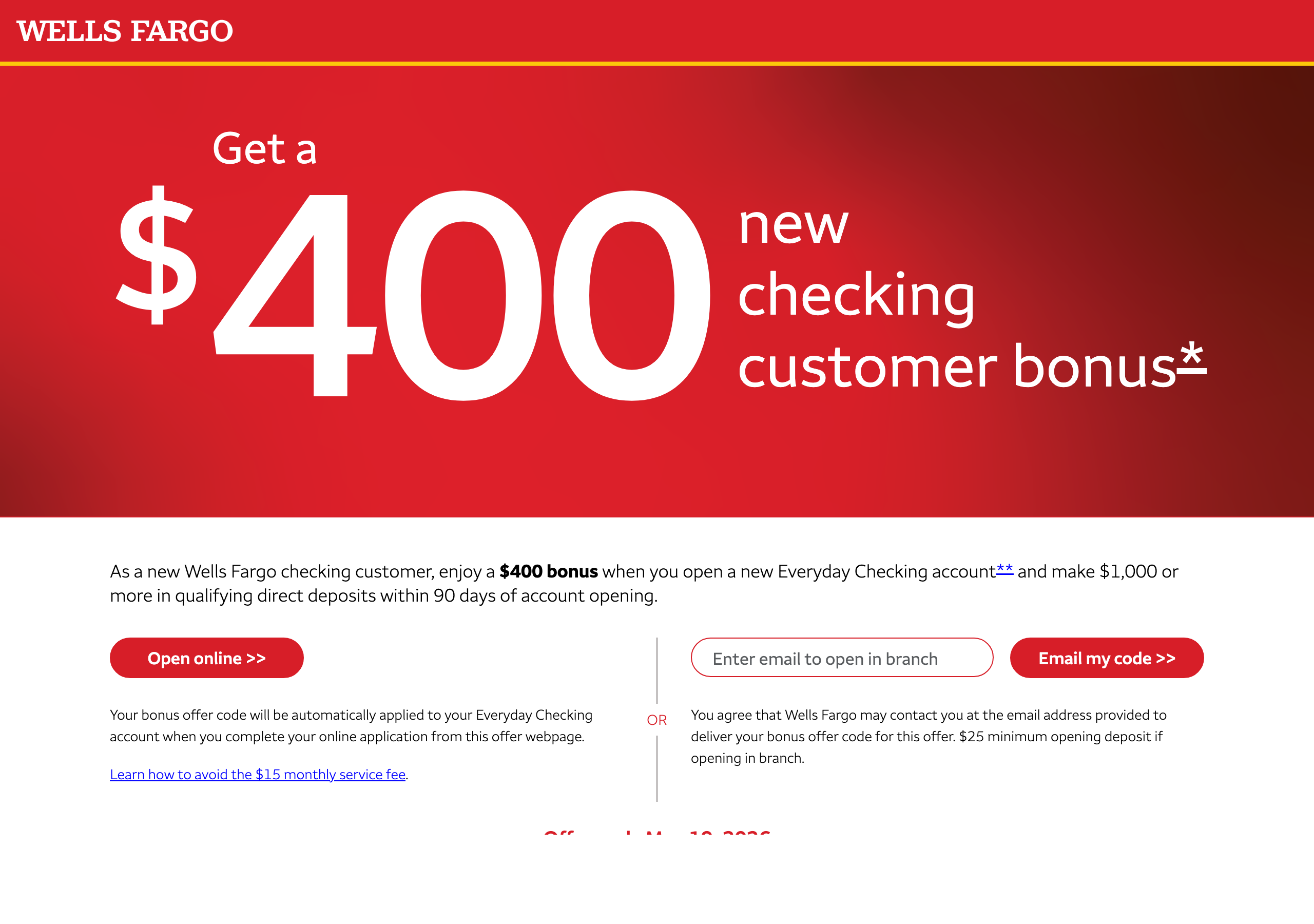 Bank promotional offer page